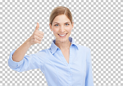 Buy stock photo Portrait, thumbs up and transparent with a business woman isolated on a PNG background for motivation. Thank you, success and hand gesture with an attractive young female in celebration of a deal