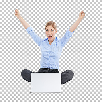 Buy stock photo Portrait, laptop and winner with a business woman on PNG to celebrate success isolated on a transparent background. Wow, victory and celebration with a young female employee sitting arms raised