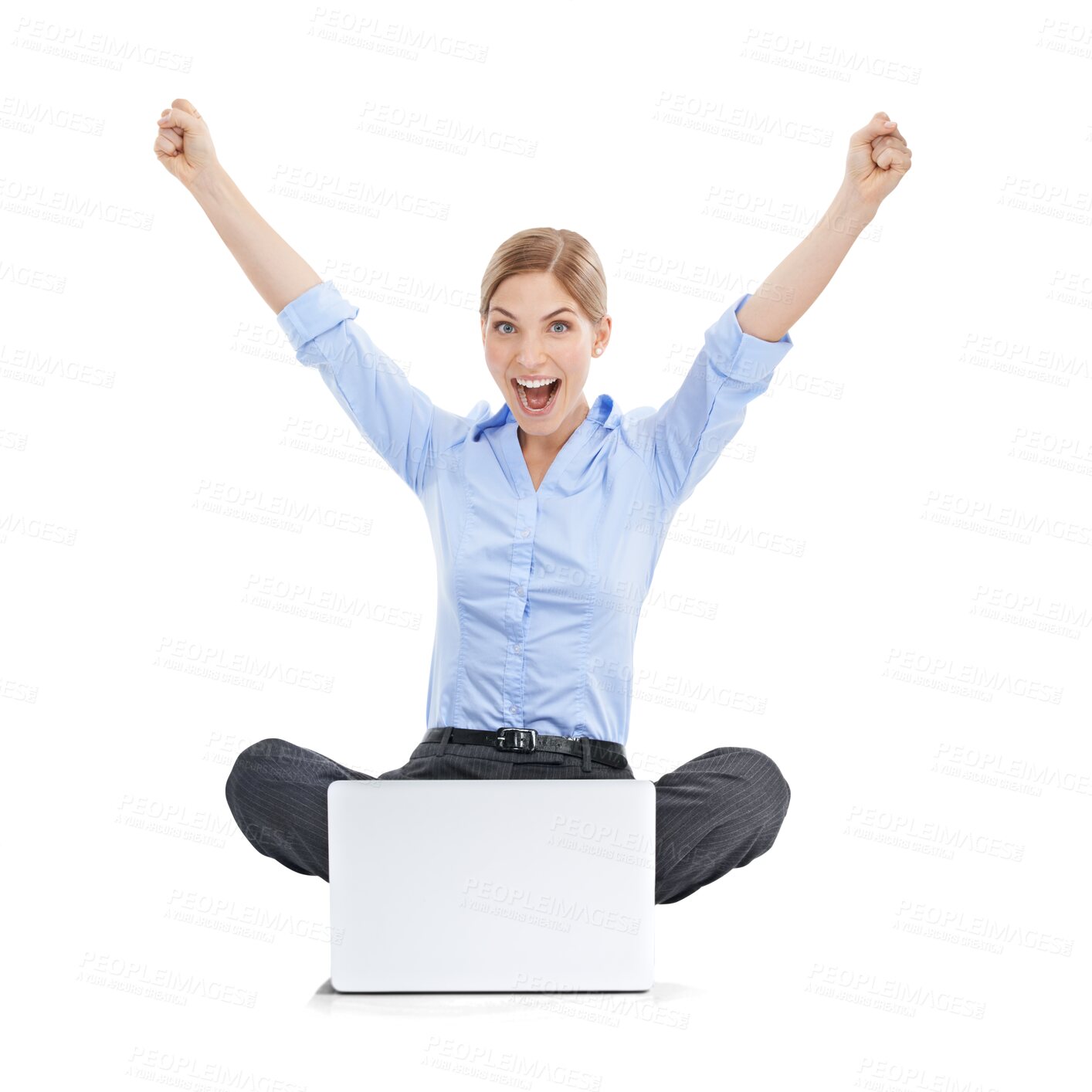 Buy stock photo Portrait, laptop and winner with a business woman on PNG to celebrate success isolated on a transparent background. Wow, victory and celebration with a young female employee sitting arms raised