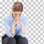 Business woman, hands or stress headache isolated on a png background in mental health or anxiety burnout. Thinking corporate worker, worried or employee in company investment or financial tax crisis