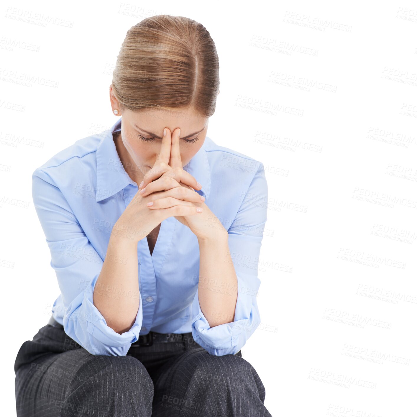 Buy stock photo Stress, burnout and PNG with a business woman isolated on a transparent background suffering from anxiety. Mental health, headache and pain with a young female employee feeling overworked or tired