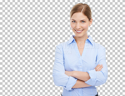 Buy stock photo Portrait, confident and arms crossed with a woman employee isolated on a transparent background. Mindset, vision or professional and an attractive young business female standing on PNG with a mission