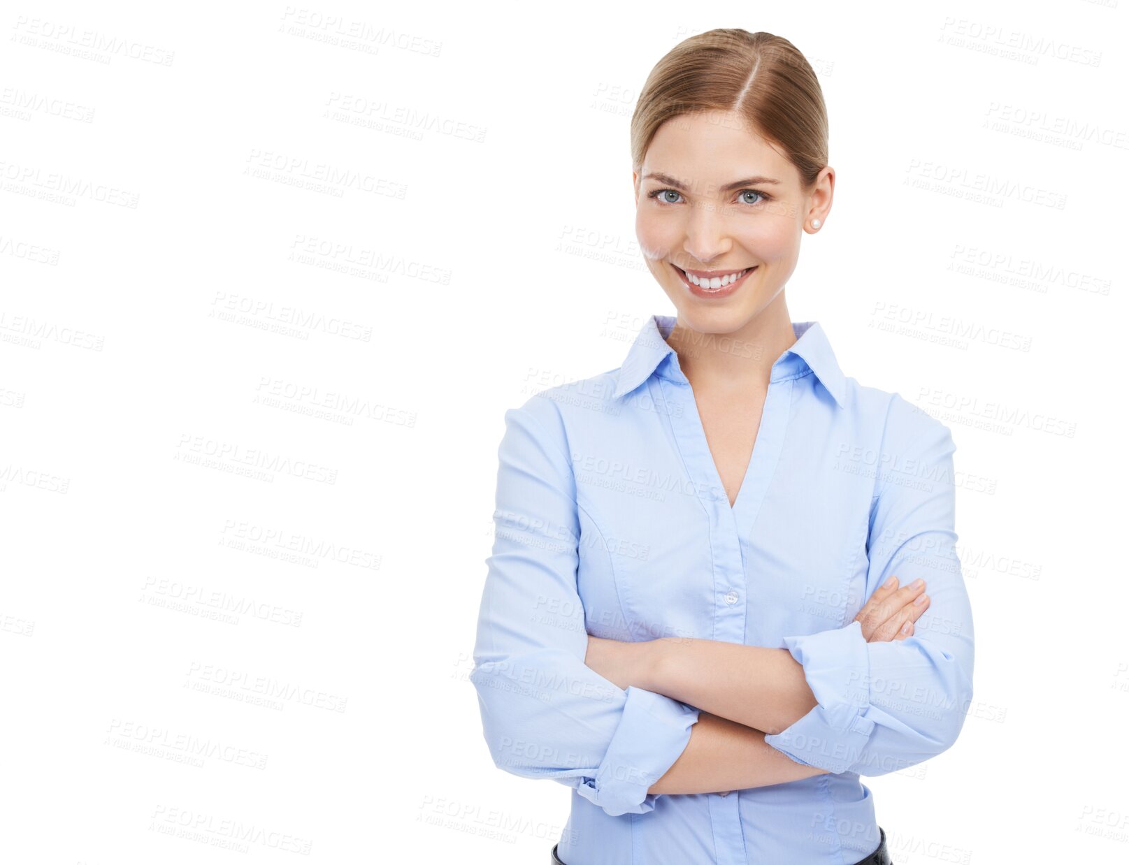 Buy stock photo Portrait, confident and arms crossed with a woman employee isolated on a transparent background. Mindset, vision or professional and an attractive young business female standing on PNG with a mission