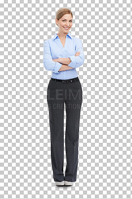 Buy stock photo Portrait, vision and arms crossed with a business woman isolated on a transparent background. Mindset, mission or professional with a confident and attractive young female employee standing on PNG