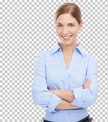 Buy stock photo Business woman, portrait and smile with arms crossed for success, pride and career. Professional female, executive leader and happy for motivation and goal isolated on transparent, png background
