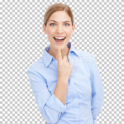 Buy stock photo Business woman, portrait and excited for idea with happy mindset for planning goal or memory. Inspiration, decision and female worker face isolated on png background thinking about hope and solution