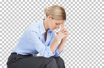 Buy stock photo Burnout, anxiety and PNG with a business woman isolated on a transparent background suffering from stress. Mental health, headache and pain with a young female employee feeling overworked or tired