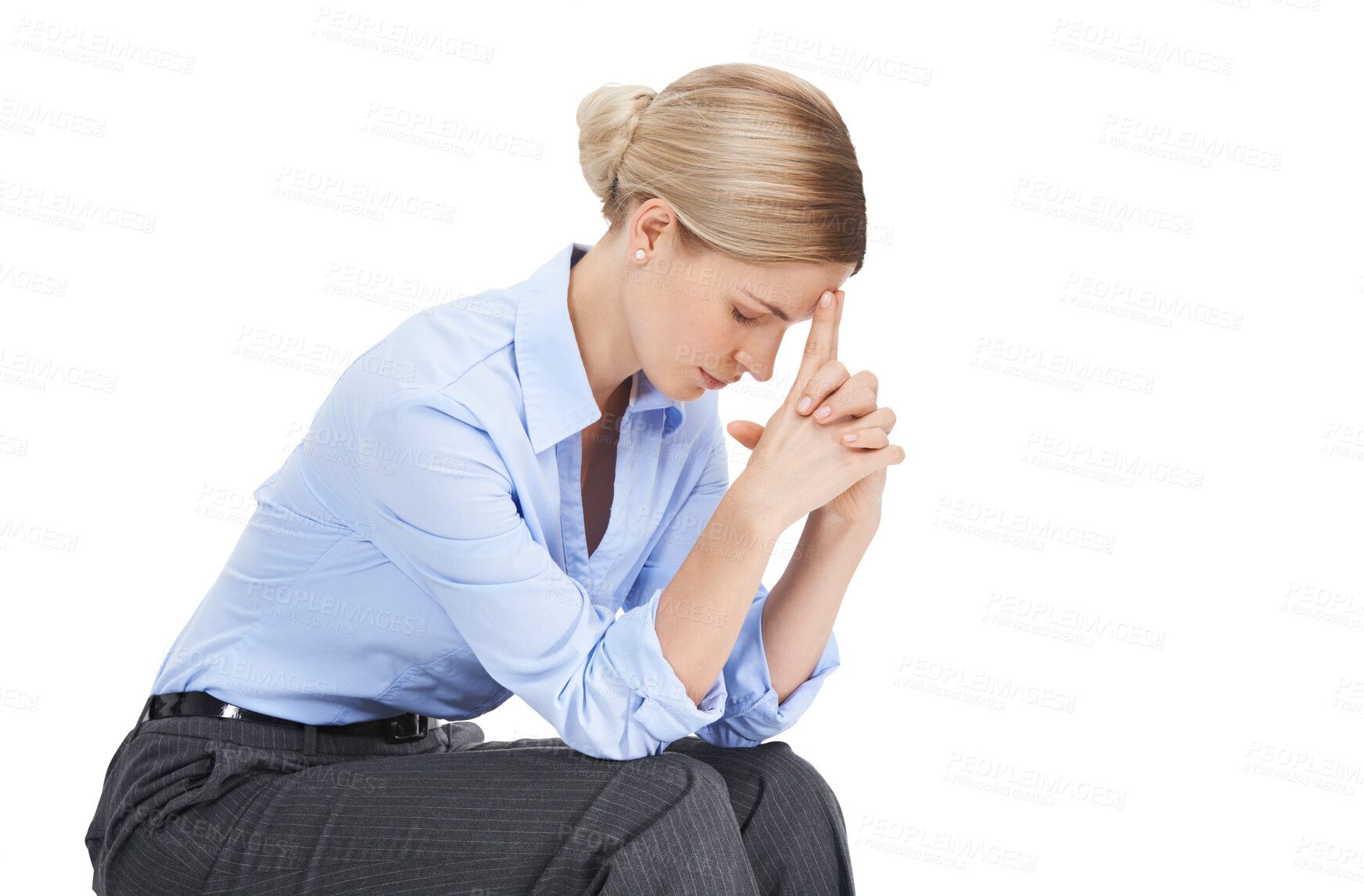 Buy stock photo Burnout, anxiety and PNG with a business woman isolated on a transparent background suffering from stress. Mental health, headache and pain with a young female employee feeling overworked or tired