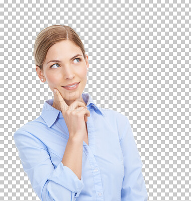 Buy stock photo Business woman, thinking and hand on face for ideas with happy mindset, planning or memory. Inspiration, decision and female worker isolated on a transparent, png background for question or solution