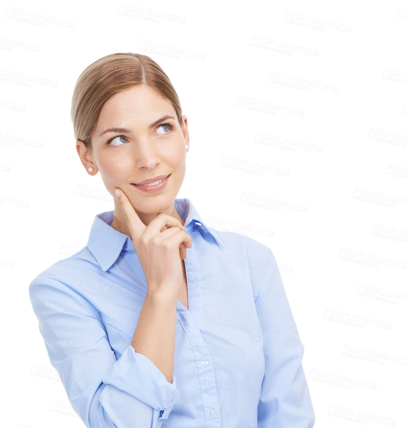 Buy stock photo Business woman, thinking and hand on face for ideas with happy mindset, planning or memory. Inspiration, decision and female worker isolated on a transparent, png background for question or solution