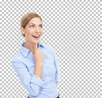 Buy stock photo Business woman, thinking and happy for idea or positive mindset for planning or wow memory. Inspiration, decision and female worker isolated on png background to think of surprise, hope and solution