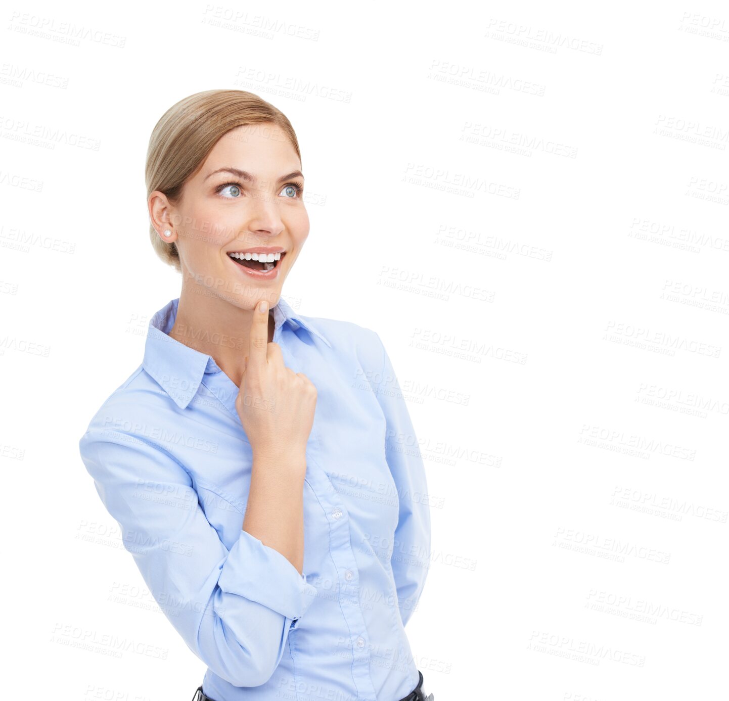 Buy stock photo Business woman, thinking and happy for idea or positive mindset for planning or wow memory. Inspiration, decision and female worker isolated on png background to think of surprise, hope and solution