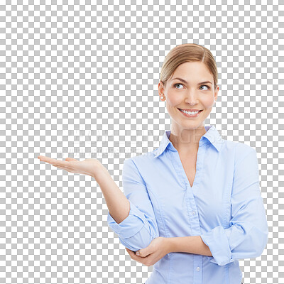 Buy stock photo Happy, thinking and business woman with palm for showing, presentation, solution or choice. Professional female advertising product, logo or brand idea in hand isolated on transparent, png background