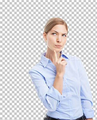 Buy stock photo Ideas, thinking and business woman isolated on transparent, png background for professional solution or question. Employee, worker or corporate person doubt, decision or choice for career opportunity