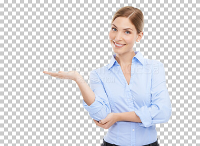 Buy stock photo Business woman, happy and portrait with hand and space for presentation, solution or choice. Professional female advertising product, logo or brand in palm isolated on transparent, png background