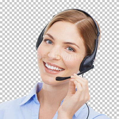 Buy stock photo Call center, face and smile portrait of a woman with a headset for customer service and support. Female consultant, telemarketing microphone and sales agent isolated on transparent, png background