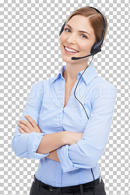 Buy stock photo Call center, portrait and smile of a woman with a headset for customer service and support. Happy female consultant, telemarketing and sales or telecom agent isolated on transparent, png background