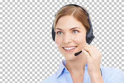 Buy stock photo Call center, face and a woman with smile and headset for customer service and support. Happy female consultant, telemarketing microphone and sales agent isolated on transparent, png background