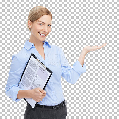 Buy stock photo Portrait, information and clipboard for a business woman isolated on a transparent png background. Smile, documents and information for a happy female employee holding a feedback questionnaire