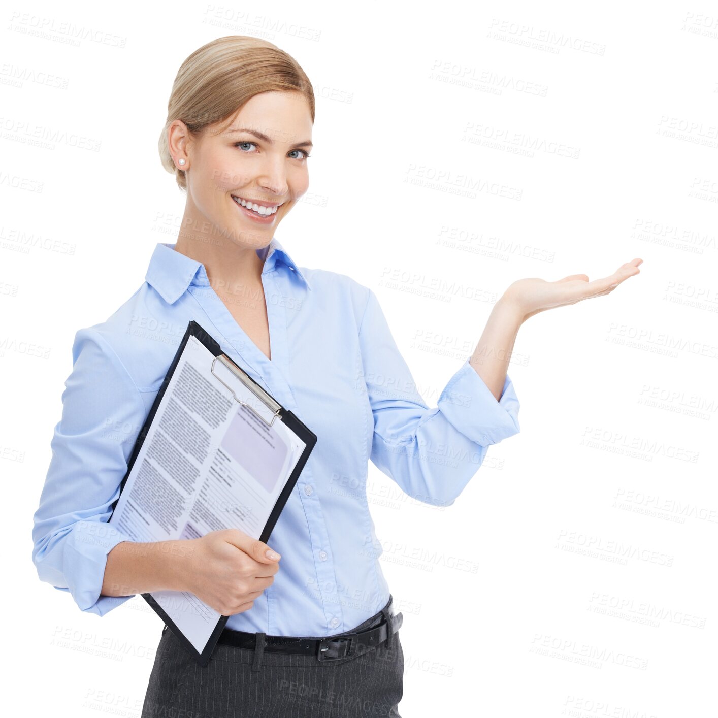 Buy stock photo Portrait, information and clipboard for a business woman isolated on a transparent png background. Smile, documents and information for a happy female employee holding a feedback questionnaire