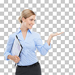 Business woman, hand and palm for clipboard promotion, recruitment advertising branding and contract marketing. Smile, happy worker and hr manager showing mock up space on isolated on a png background