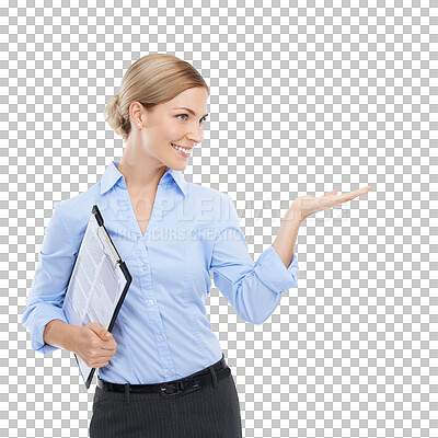 Buy stock photo Business woman, hand and palm with clipboard for promotion, recruitment advertising or branding and contract marketing. Smile, happy worker and hr manager isolated on a transparent png background