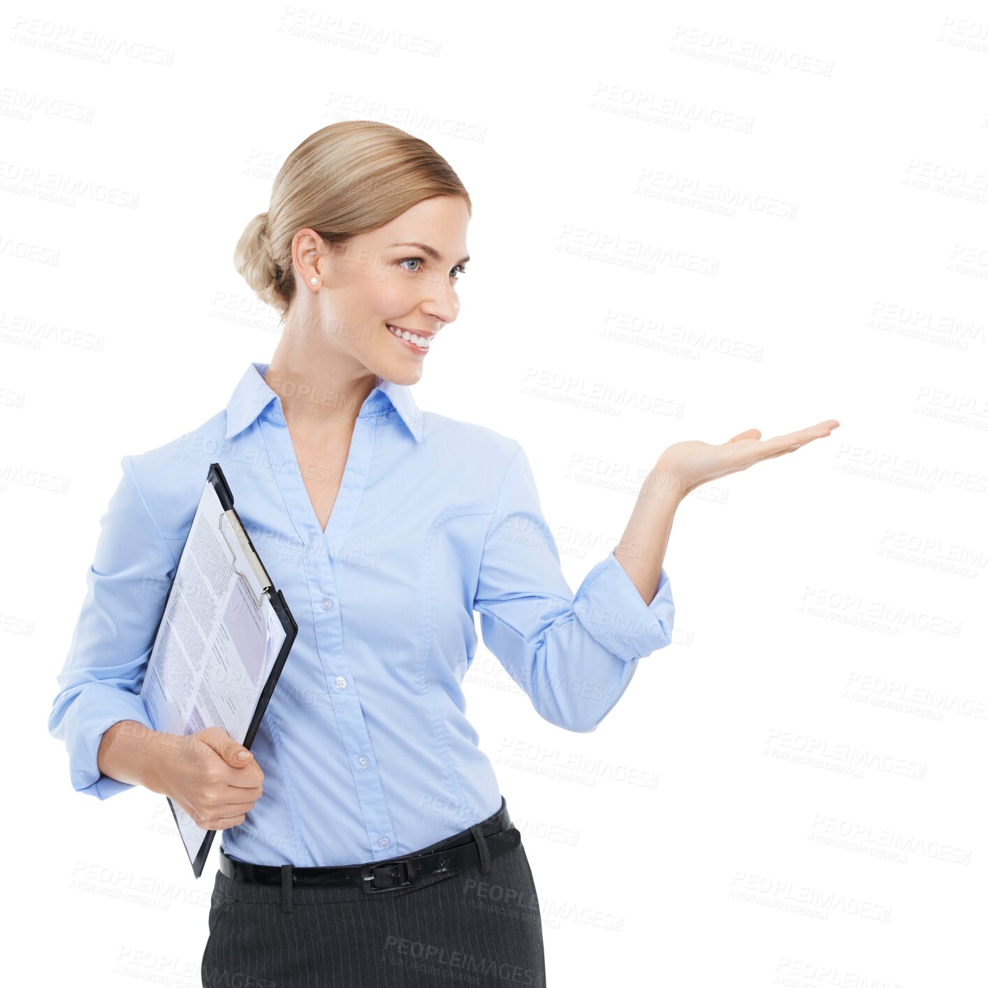 Buy stock photo Business woman, hand and palm with clipboard for promotion, recruitment advertising or branding and contract marketing. Smile, happy worker and hr manager isolated on a transparent png background