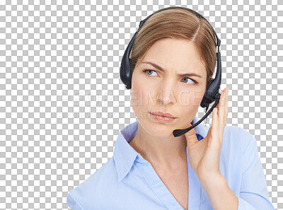 Buy stock photo Call center, thinking and woman isolated on transparent, png background for business solution, question or problem solving. Telecom agent, consultant or person with online tech support and listening