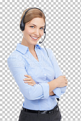 Buy stock photo Call center, portrait and woman with arms crossed and headset for customer support. Happy female consultant, telemarketing agent or sales and telecom employee isolated on transparent, png background