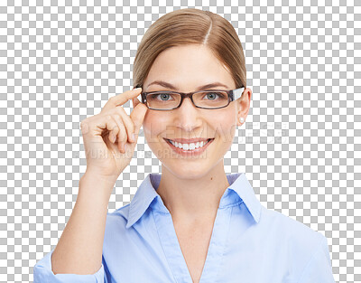 Buy stock photo Portrait, glasses and PNG with a happy woman isolated on a transparent background for vision. Eyewear, eyesight and optometry with an attractive young female posing in prescription frame lenses