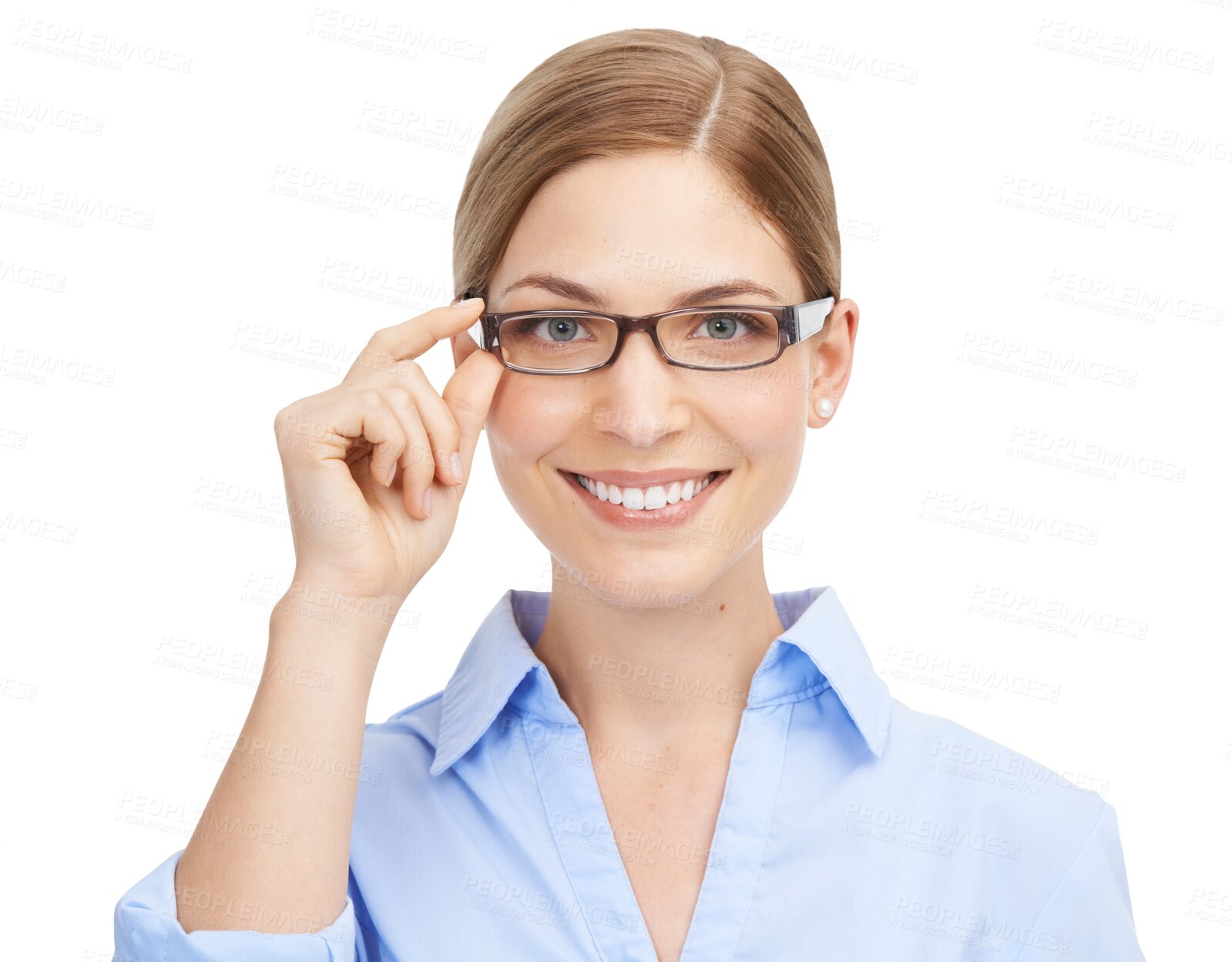 Buy stock photo Portrait, glasses and PNG with a happy woman isolated on a transparent background for vision. Eyewear, eyesight and optometry with an attractive young female posing in prescription frame lenses