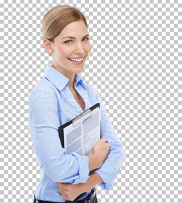 Buy stock photo Clipboard, portrait and business woman isolated on transparent, png background legal, notary or lawyer documents. Professional, happy and broker person with contract, paperwork or print application