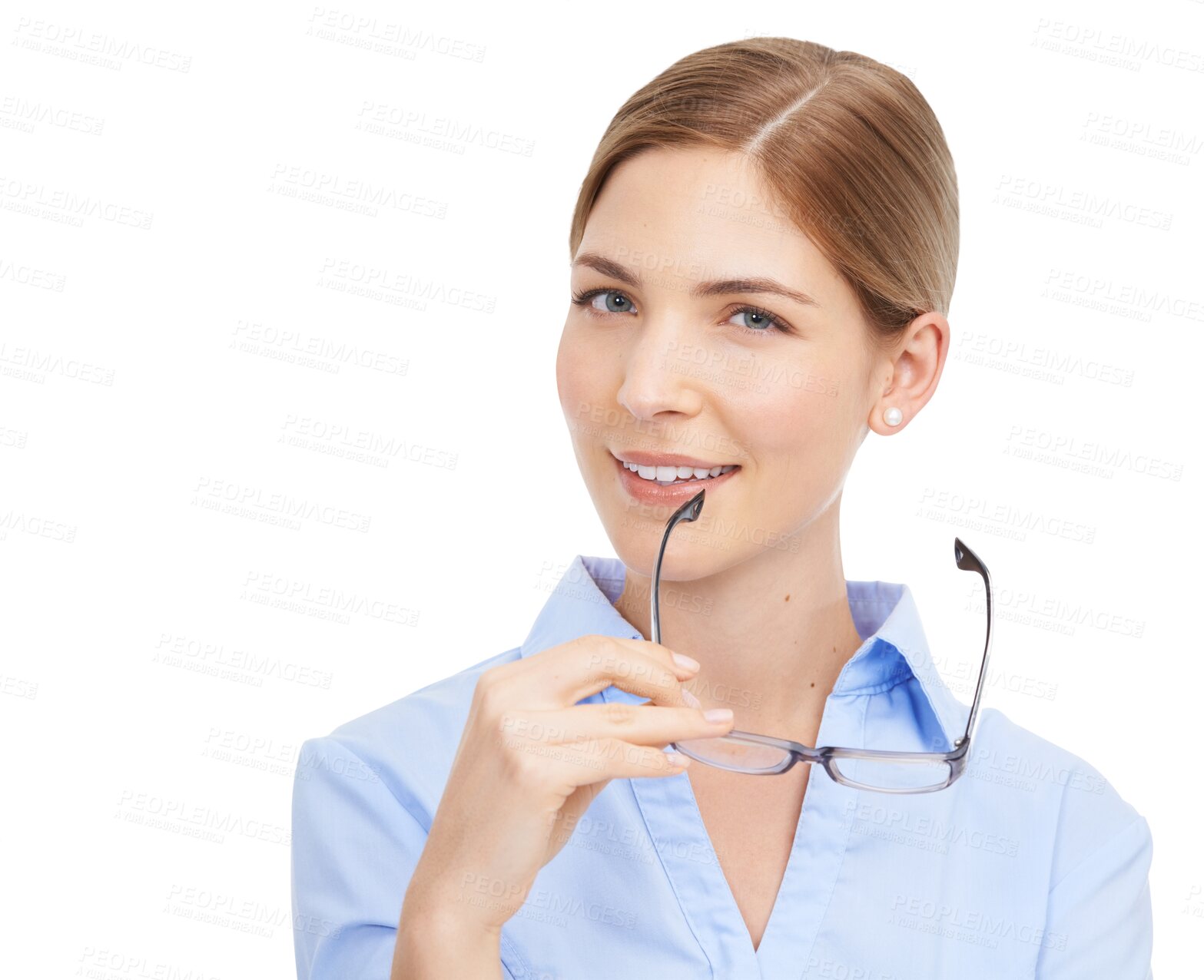 Buy stock photo Thinking, portrait and business woman with glasses in studio, confident or idea on isolated, transparent and png background. Empowered, boss and face of lady leader with vision, mission or satisfied