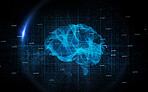 Brain map hologram, ai generated and digital graphic of intelligence and neuroscience. Isolated, dark background and no people with life science, neuro pathway and user mind connection
