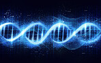 DNA, genetic code isolated on black background, science with neon blue and light. Evolution, helix and molecular structure, genome cell and RNA, gene and link with scientific and technology abstract
