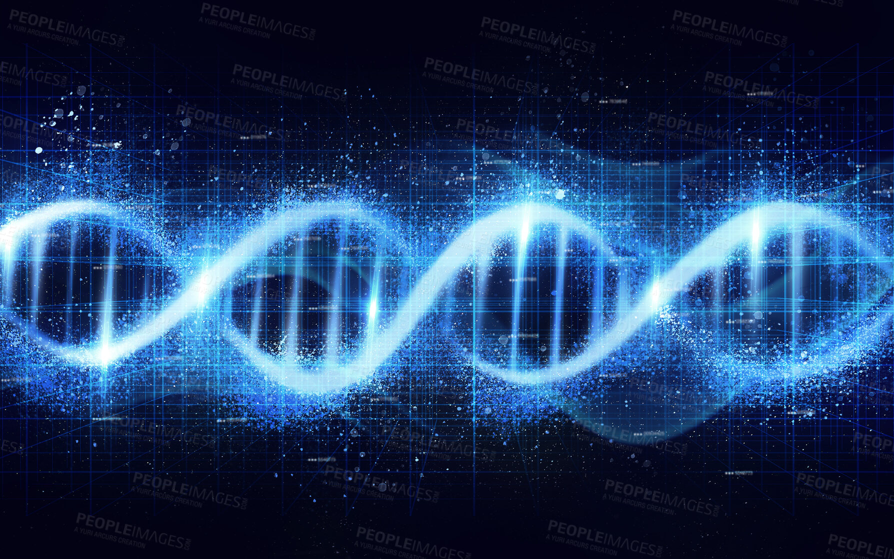 Buy stock photo DNA, genetic code isolated on black background, science with neon blue light and ai generated. Evolution, helix and molecular structure, genome cell and RNA, gene with link and technology abstract