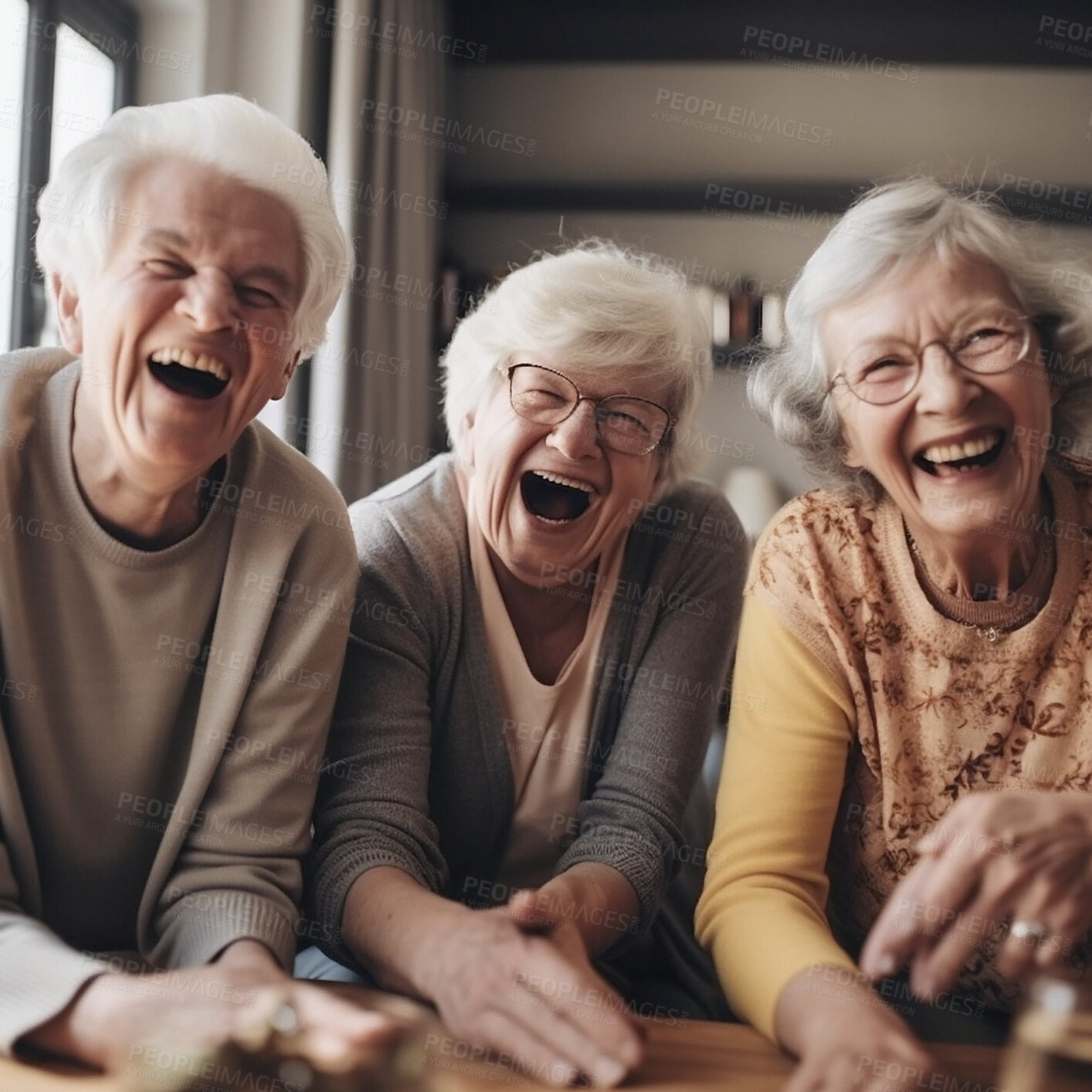 Buy stock photo Face, laughing or excited senior people, old friends or happy group with smile or enjoying a funny time together in retirement home. Friendship bonding, comedy and elderly women or AI generated man