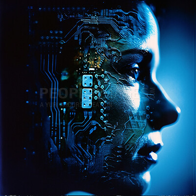 Buy stock photo Face, woman and futuristic 3d profile in studio isolated on a background or backdrop. Person, bot or droid with digital circuit, bionic or robotic cyborg generated with cyber computer innovation
