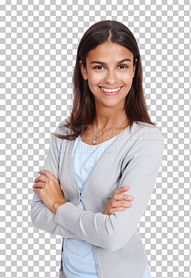 Buy stock photo Portrait, arms crossed or woman with a smile, confident or girl isolated on a transparent studio background. Face, female person or model with happiness, positive attitude or cheerful on png backdrop