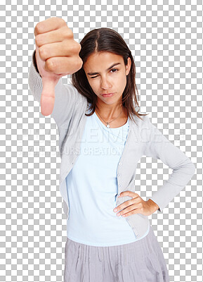 Buy stock photo Portrait, wink and woman with thumbs down for dislike isolated on a transparent png background. Fail, hand gesture and female person with emoji for wrong, vote or rejection, negative opinion or no.