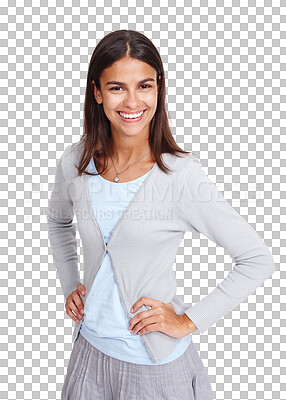 Buy stock photo Portrait, happy and woman with a smile and hands on hips isolated on a png, transparent background. Face, excited and optimistic girl feeling confident, content and positive attitude or mindset