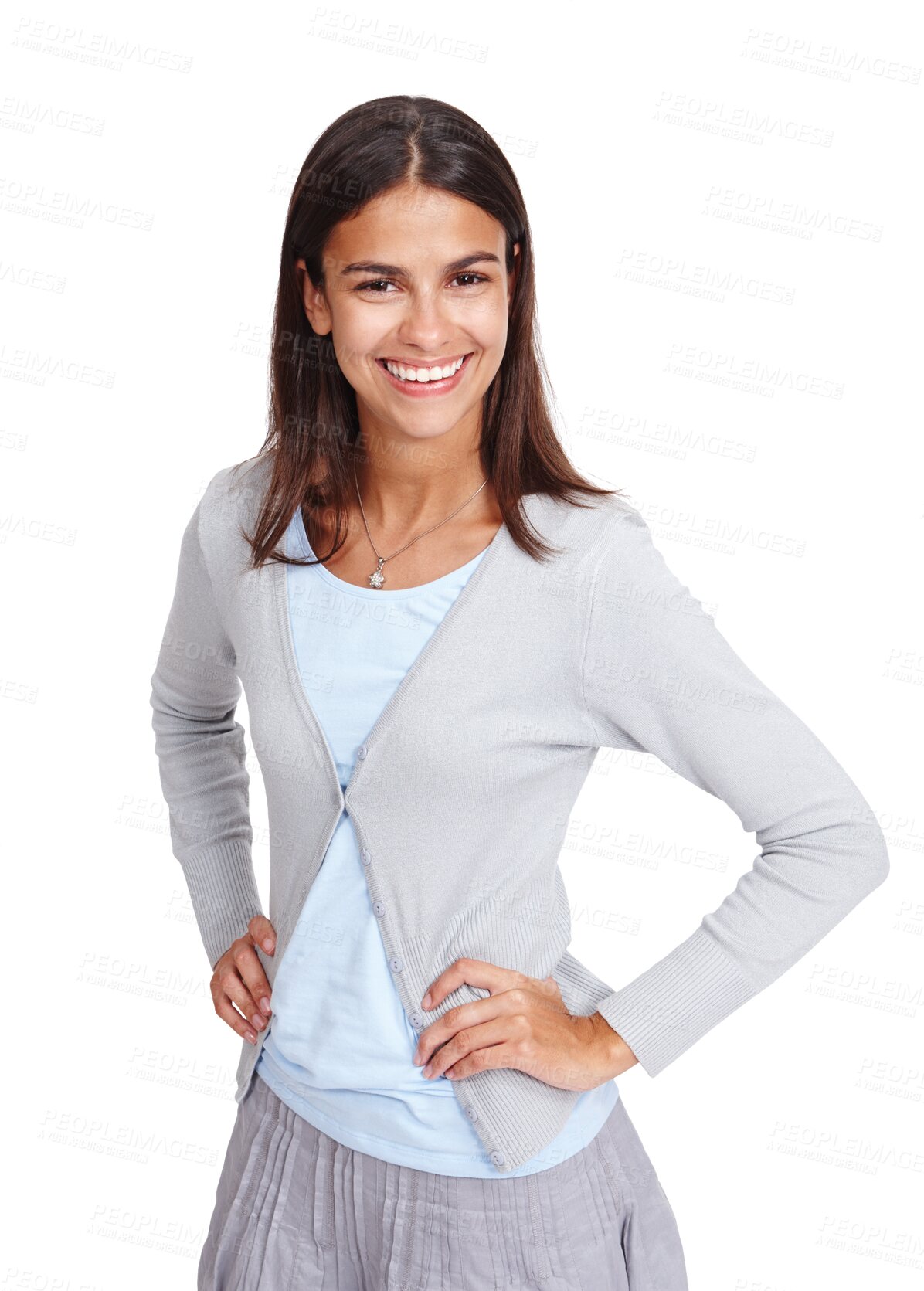 Buy stock photo Portrait, happy and woman with a smile and hands on hips isolated on a png, transparent background. Face, excited and optimistic girl feeling confident, content and positive attitude or mindset