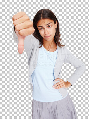 Buy stock photo Thumbs down, fail and sad woman standing isolated on a transparent png background. Female, hand gesture and person with dislike emoji for no, vote or wrong, negative opinion or rejection for failure