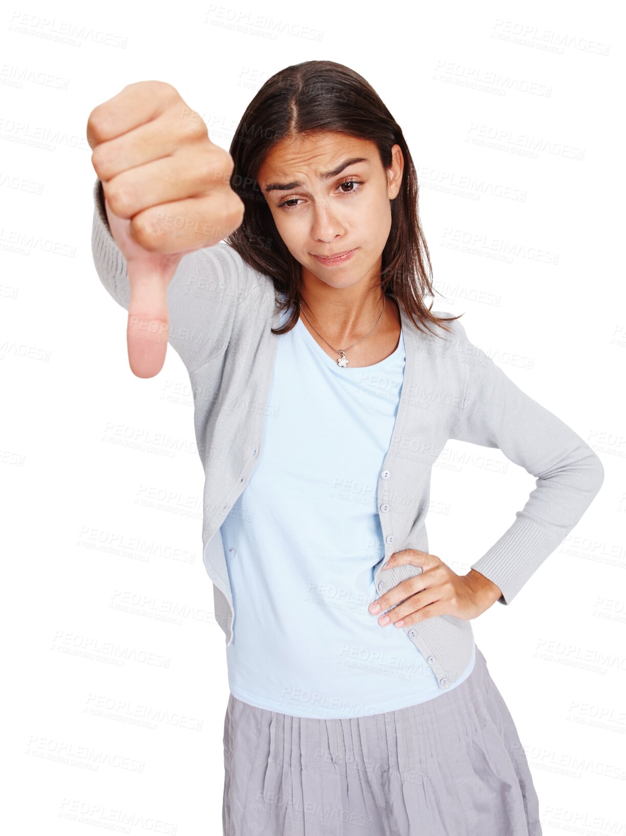 Buy stock photo Thumbs down, fail and sad woman standing isolated on a transparent png background. Female, hand gesture and person with dislike emoji for no, vote or wrong, negative opinion or rejection for failure