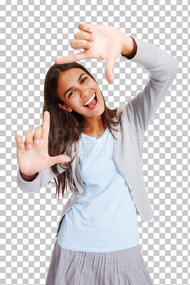 Buy stock photo Portrait, happy and woman with frame or hands over face isolated on a png, transparent background. Female and finger framing for perspective, profile picture selfie or vision for positive inspiration