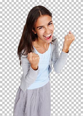 Buy stock photo Portrait, winner and celebration of woman for success isolated on a transparent png background. Winning, happiness and excited female person celebrate achievement, competition win and good news.