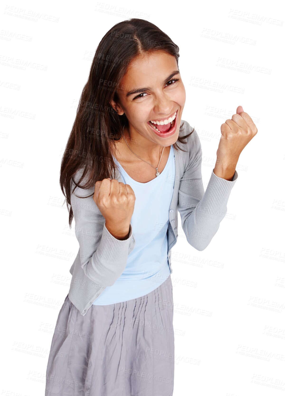 Buy stock photo Portrait, winner and celebration of woman for success isolated on a transparent png background. Winning, happiness and excited female person celebrate achievement, competition win and good news.