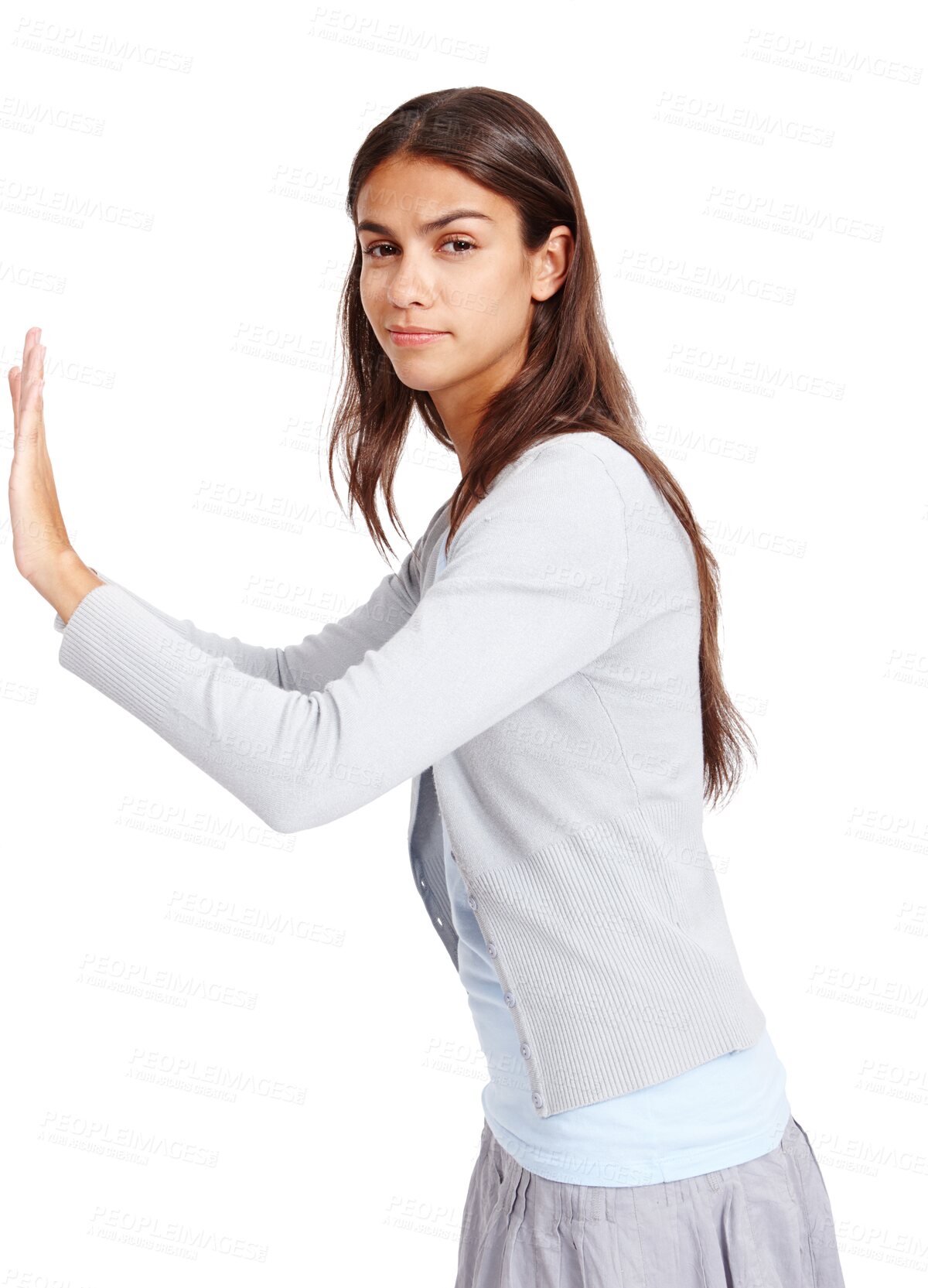 Buy stock photo Woman, portrait and hands pushing wall for advertising space isolated on png, transparent background. Serious female model push or moving mockup for billboard announcement, promotion or presentation