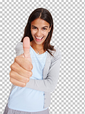 Buy stock photo Thumbs up, success and portrait of woman laughing isolated on a transparent png background. Success, hand gesture and funny person with like emoji for agreement, excellence or thank you, yes or vote.