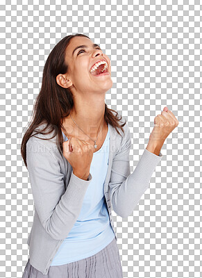 Buy stock photo Winner, excited and woman in celebration of success isolated on a transparent png background. Happiness, winning and female person celebrate achievement, lottery win or competition, prize or bonus.